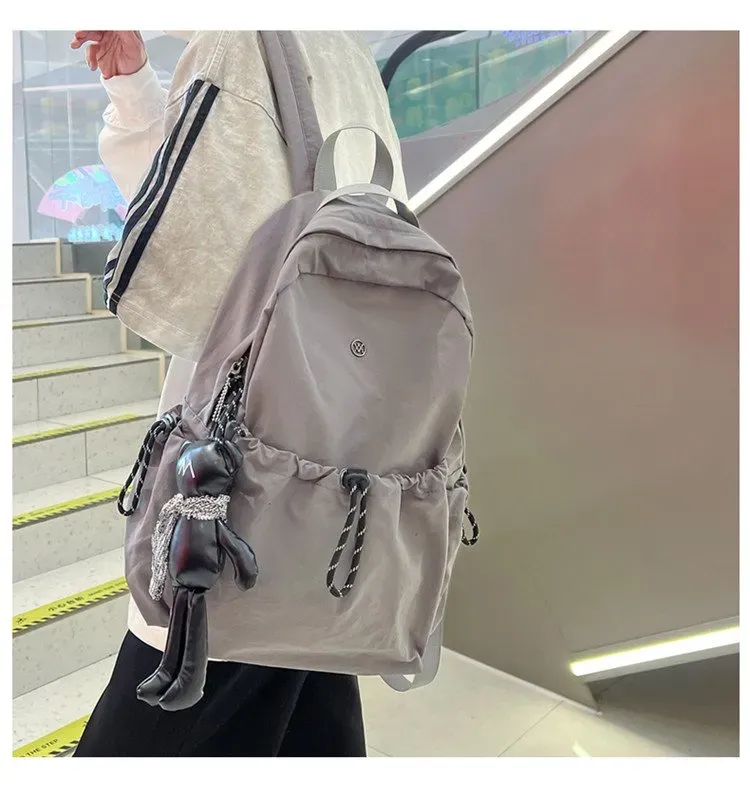 Tas Ransel Wanita Bahan Nylon Polos Warna Hitam Bentuk Kotak Tali Panjang Grosir Import