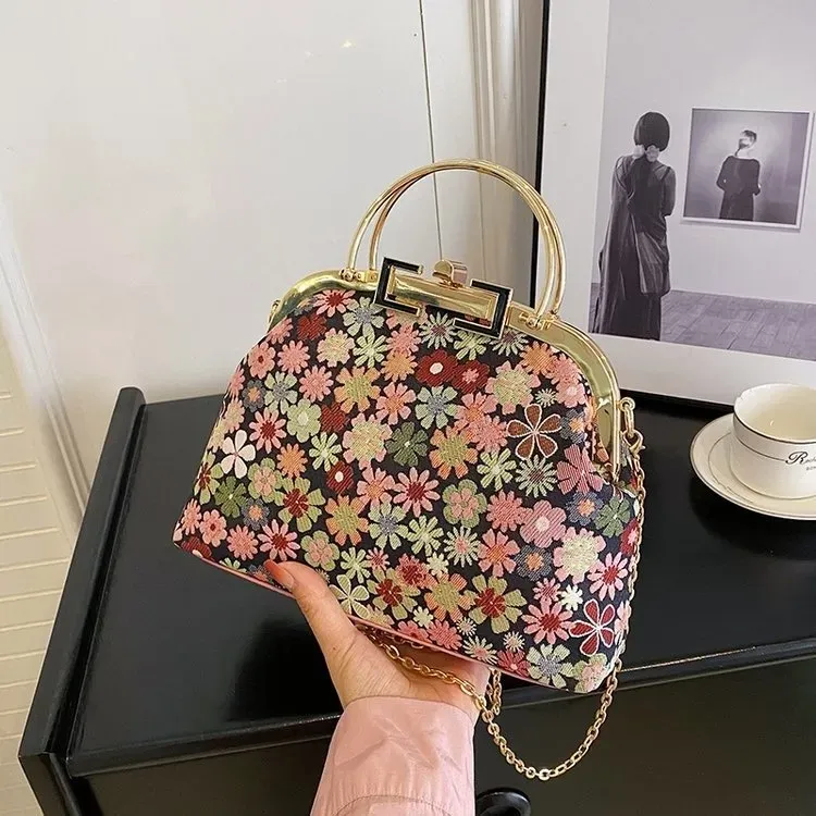 Tas Selempang Wanita Bahan PU Sintetis Motif Floral Warna Pink Bentuk Kotak Tali Model Import