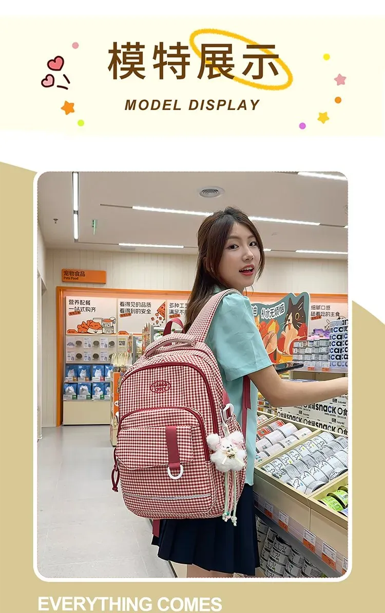 Tas Ransel Wanita Bahan Nylon Motif Print Warna Pink Bentuk Kotak Tali Lebar untuk Toko Online