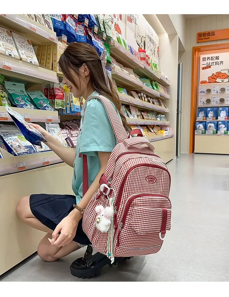 Tas Ransel Wanita Bahan Nylon Motif Print Warna Pink Bentuk Kotak Tali Lebar untuk Toko Online