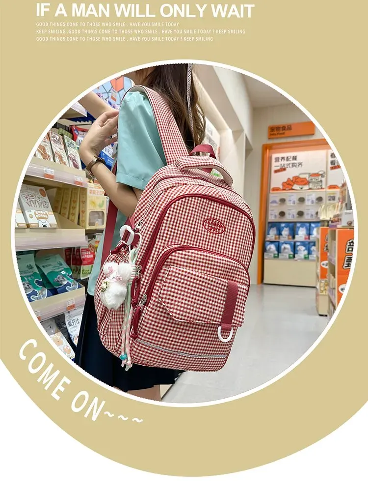 Tas Ransel Wanita Bahan Nylon Motif Print Warna Pink Bentuk Kotak Tali Lebar untuk Toko Online