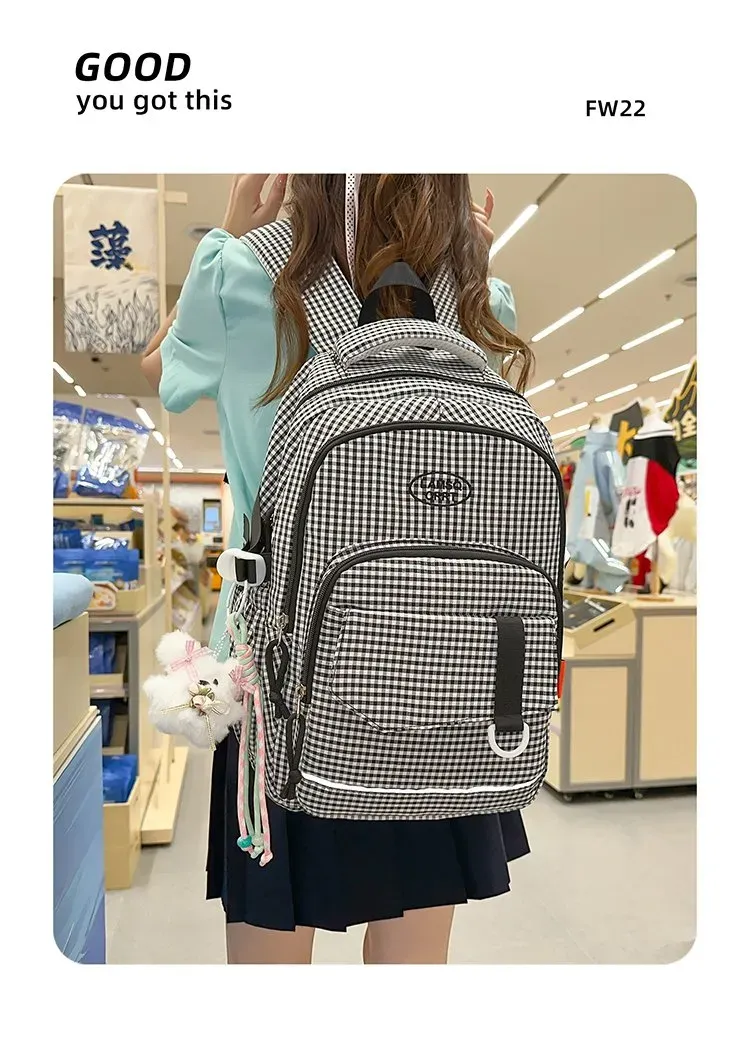Tas Ransel Wanita Bahan Nylon Motif Print Warna Pink Bentuk Kotak Tali Lebar untuk Toko Online