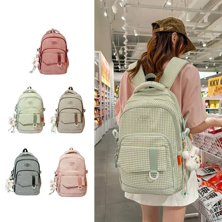 Tas Ransel Wanita Bahan Nylon Motif Print Warna Pink Bentuk Kotak Tali Lebar untuk Toko Online