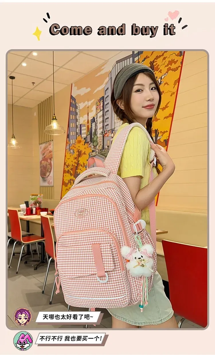 Tas Ransel Wanita Bahan Nylon Motif Print Warna Pink Bentuk Kotak Tali Lebar untuk Toko Online