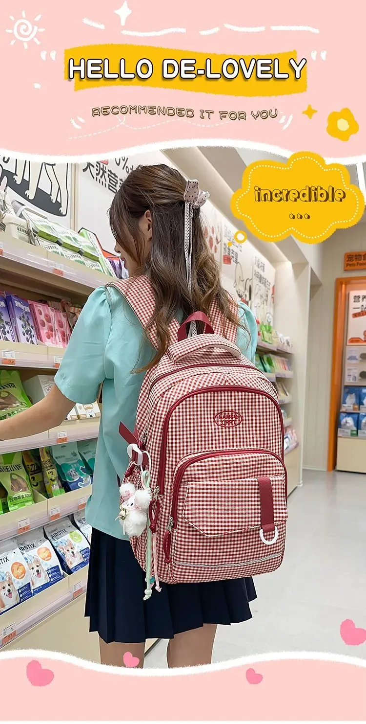 Tas Ransel Wanita Bahan Nylon Motif Print Warna Pink Bentuk Kotak Tali Lebar untuk Toko Online