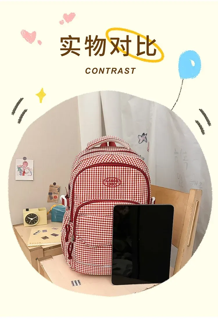 Tas Ransel Wanita Bahan Nylon Motif Print Warna Pink Bentuk Kotak Tali Lebar untuk Toko Online