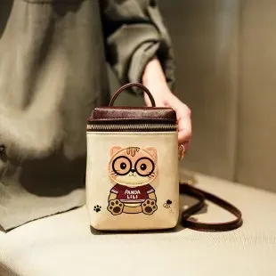 Tas Selempang Wanita Bahan PU Sintetis Motif Print Bentuk Kotak Tali Panjang Model Minimalis