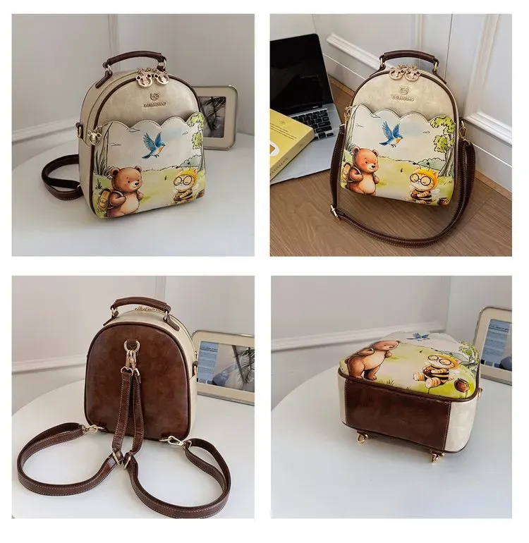 Tas Ransel Wanita Bahan PU Sintetis Motif Print Bentuk Kotak Tali Lebar Resleting Harga Grosir