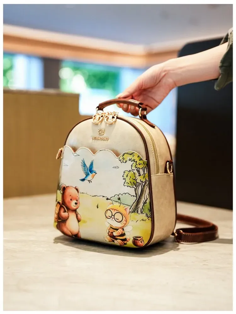 Tas Ransel Wanita Bahan PU Sintetis Motif Print Bentuk Kotak Tali Lebar Resleting Harga Grosir