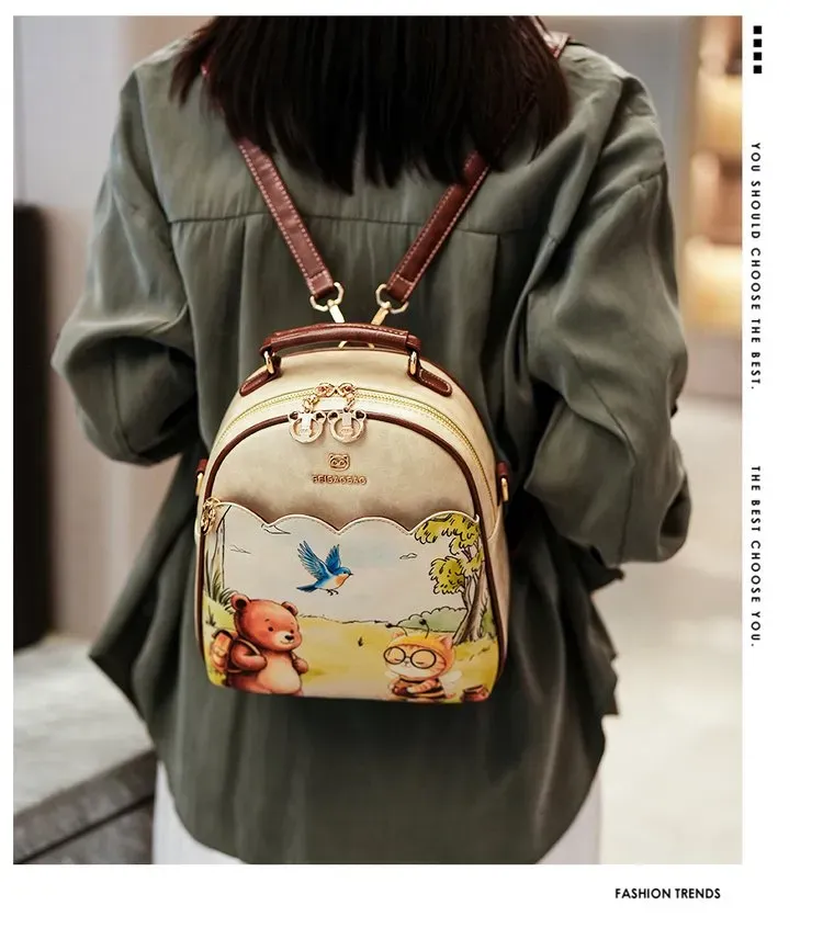 Tas Ransel Wanita Bahan PU Sintetis Motif Print Bentuk Kotak Tali Lebar Resleting Harga Grosir