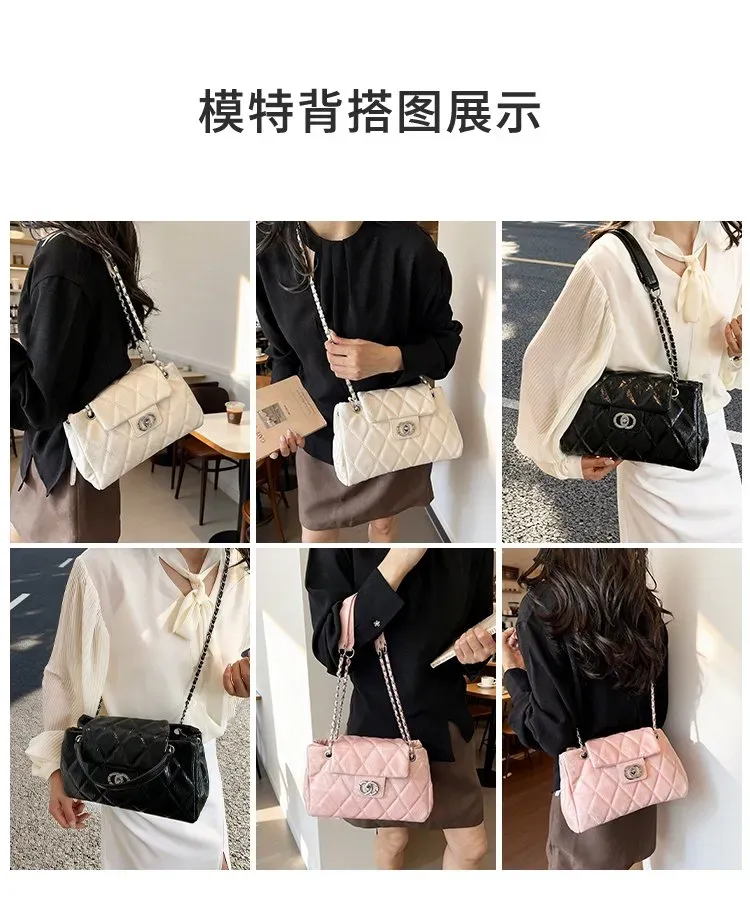 Tas Selempang Wanita Bahan PU Sintetis Model Quilted Bentuk Kotak Tali Rantai Grosir Import