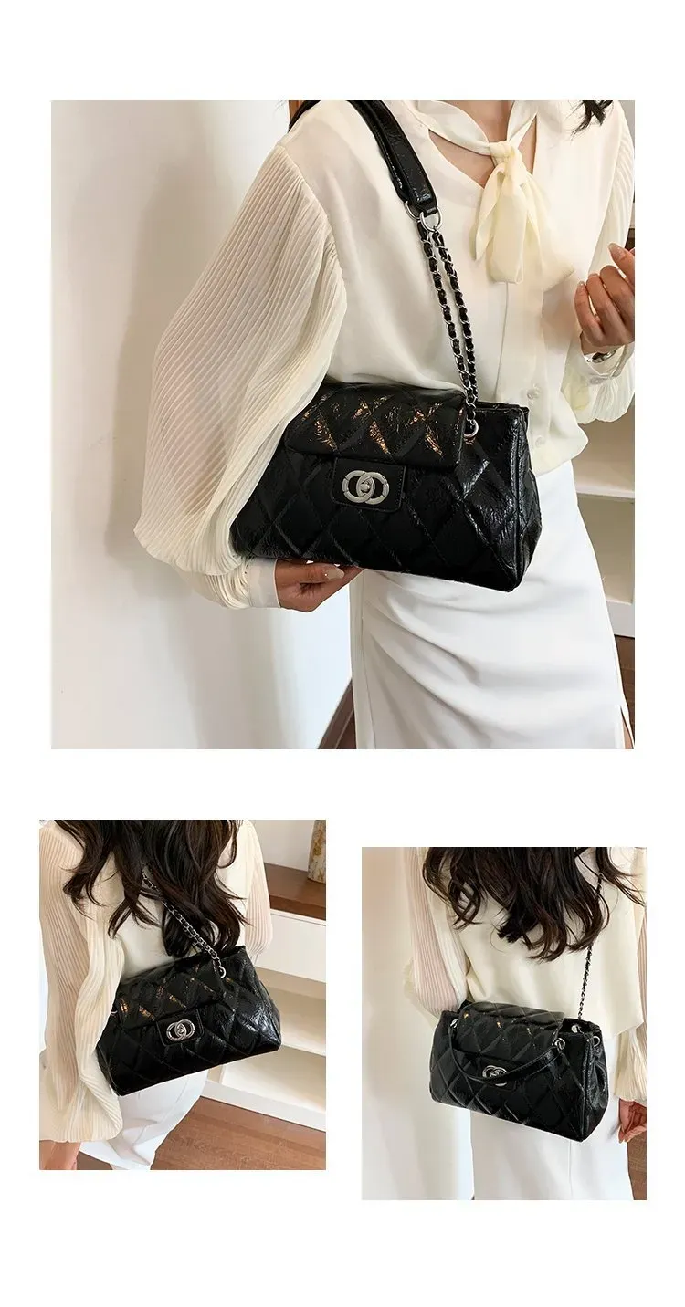 Tas Selempang Wanita Bahan PU Sintetis Model Quilted Bentuk Kotak Tali Rantai Grosir Import