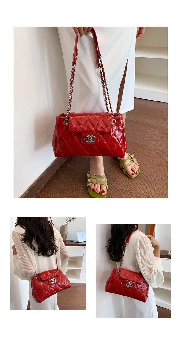 Tas Selempang Wanita Bahan PU Sintetis Model Quilted Bentuk Kotak Tali Rantai Grosir Import