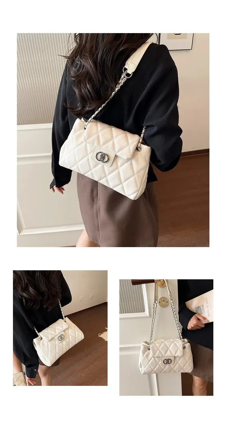 Tas Selempang Wanita Bahan PU Sintetis Model Quilted Bentuk Kotak Tali Rantai Grosir Import