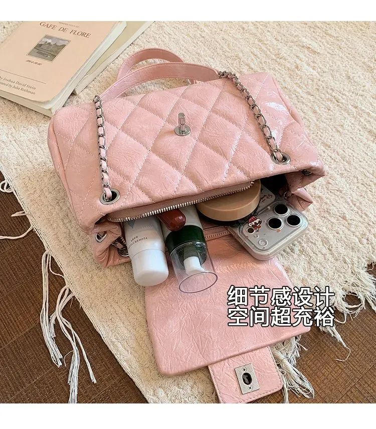 Tas Selempang Wanita Bahan PU Sintetis Model Quilted Bentuk Kotak Tali Rantai Grosir Import