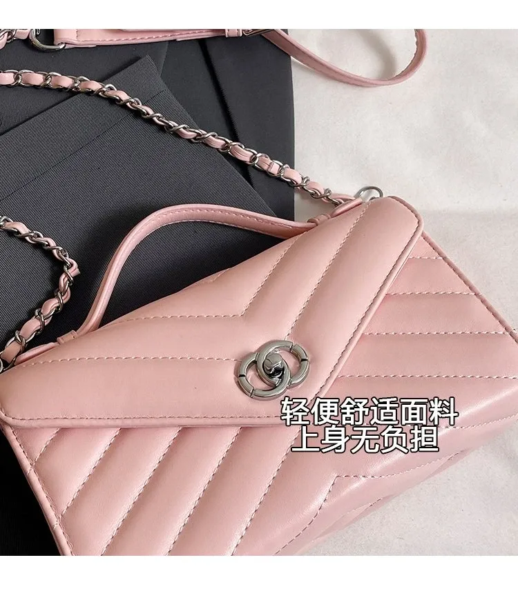 Tas Selempang Wanita Bahan PU Sintetis Model Quilted Warna Pink Bentuk Kotak untuk Toko Online