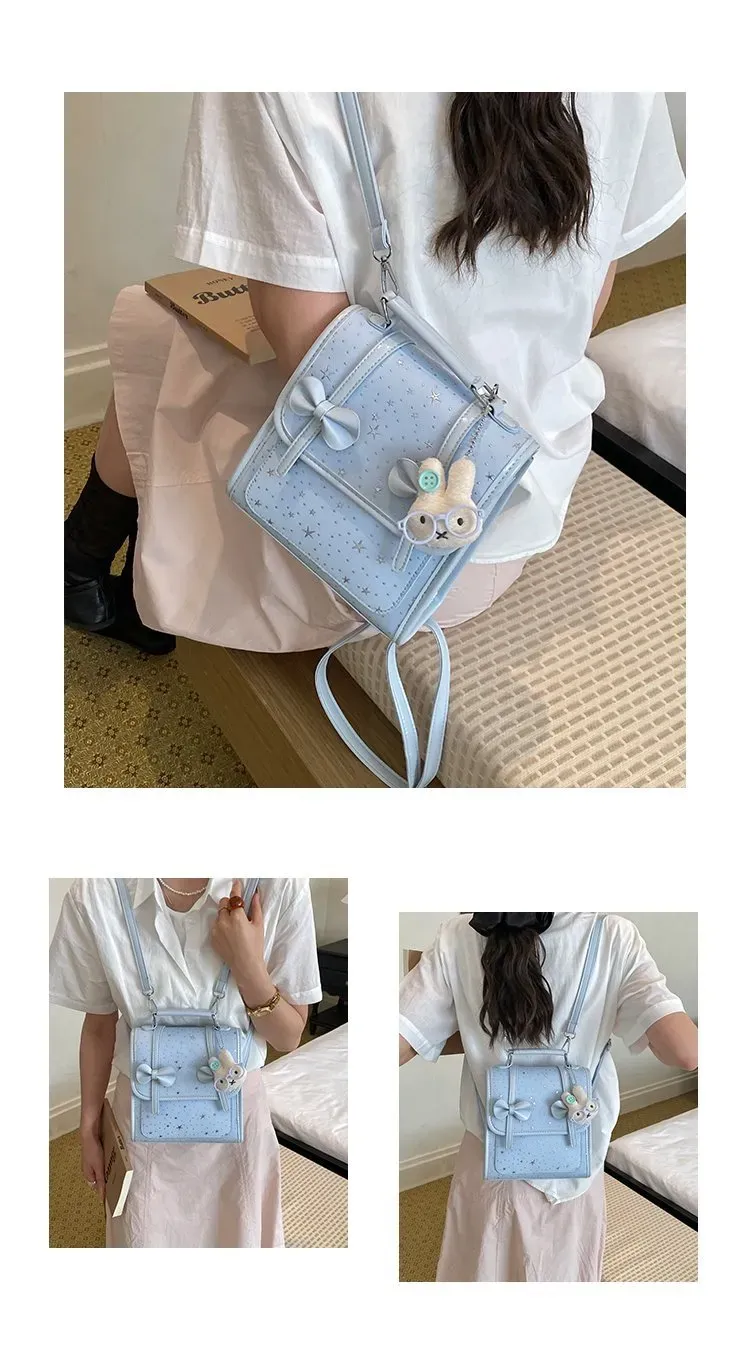 Tas Ransel Wanita Bahan PU Sintetis Motif Print Warna Hitam Bentuk Kotak Tali untuk Jualan