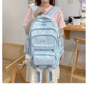Tas Ransel Wanita Bahan Nylon Polos Warna Biru Bentuk Kotak Tali Lebar Resleting Grosir Import