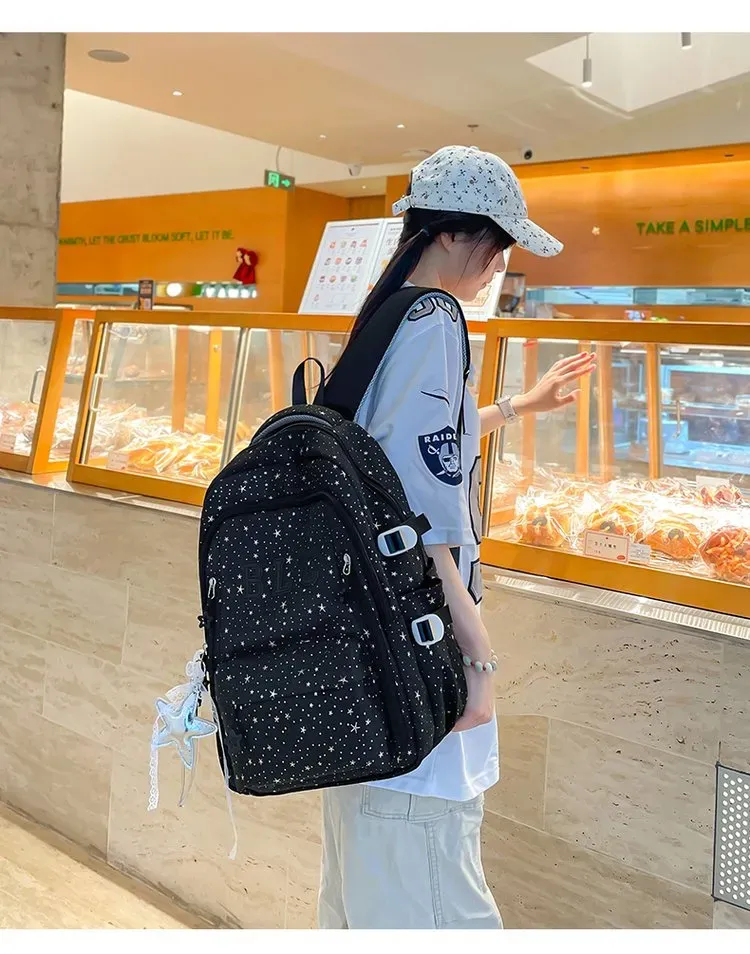 Tas Ransel Wanita Bahan Nylon Motif Bintang Warna Hitam Bentuk Kotak Tali Lebar Grosir Import