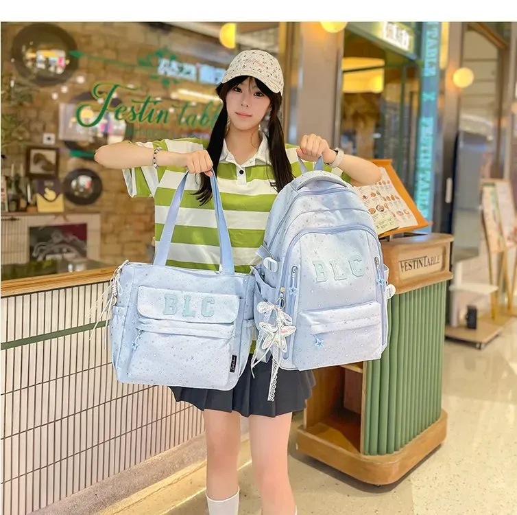 Tas Ransel Wanita Bahan Nylon Motif Bintang Warna Hitam Bentuk Kotak Tali Lebar Grosir Import