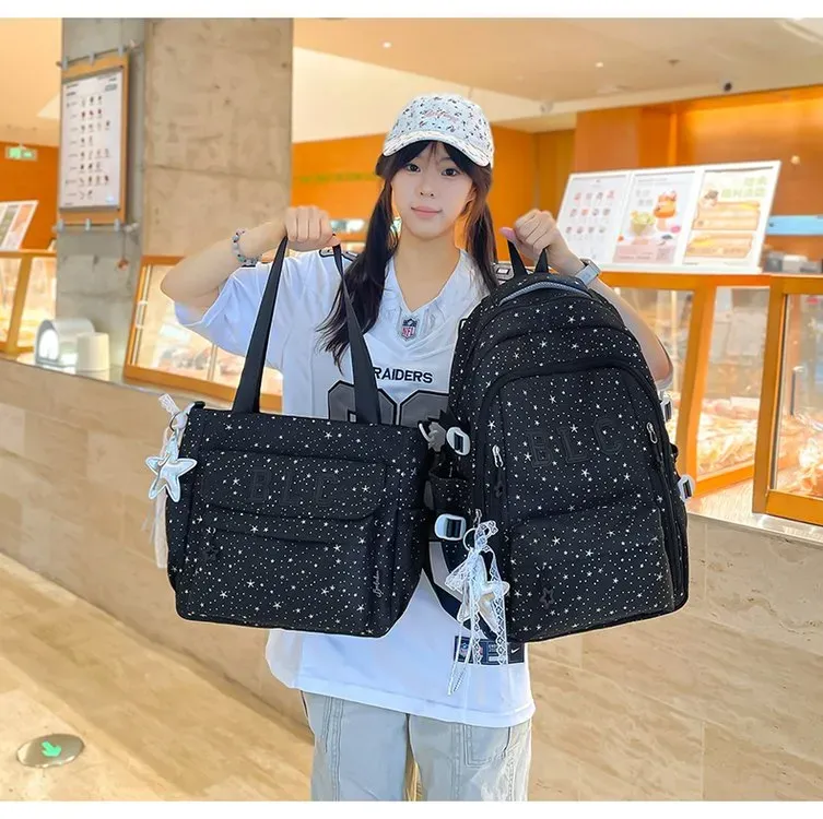 Tas Ransel Wanita Bahan Nylon Motif Bintang Warna Hitam Bentuk Kotak Tali Lebar Grosir Import