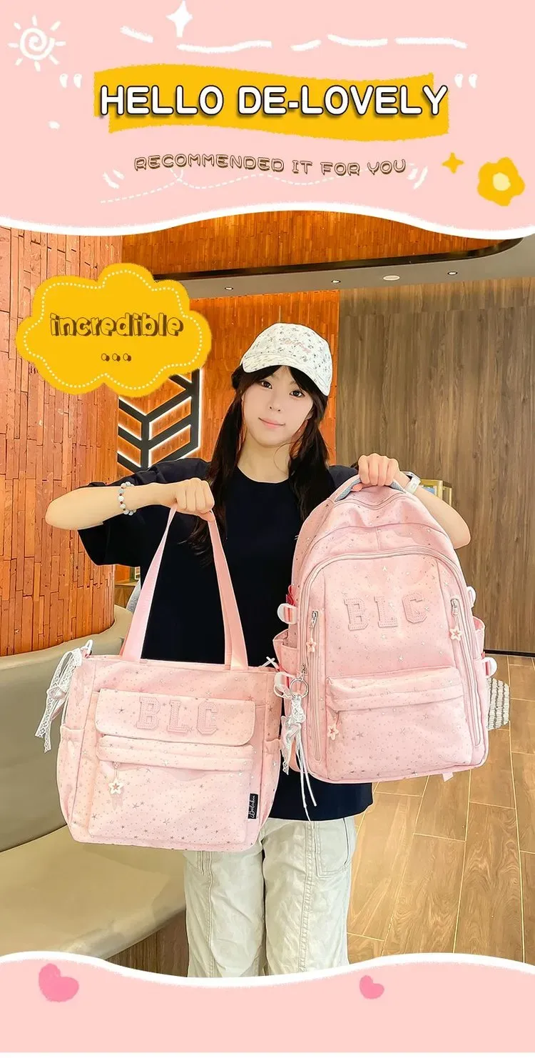 Tas Ransel Wanita Bahan Nylon Motif Bintang Warna Hitam Bentuk Kotak Tali Lebar Grosir Import
