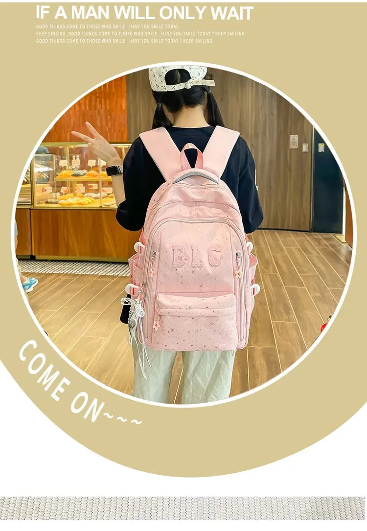 Tas Ransel Wanita Bahan Nylon Motif Bintang Warna Hitam Bentuk Kotak Tali Lebar Grosir Import