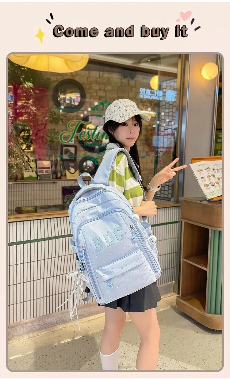 Tas Ransel Wanita Bahan Nylon Motif Bintang Warna Hitam Bentuk Kotak Tali Lebar Grosir Import