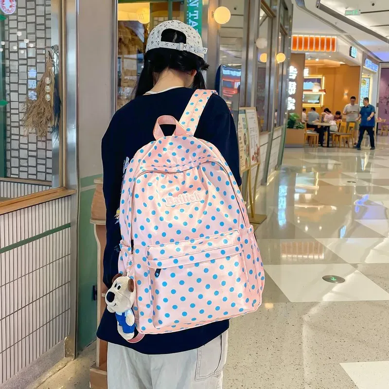 Tas Ransel Wanita Bahan Nylon Motif Polkadot Warna Biru Bentuk Kotak Tali Grosir Import