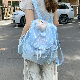 Tas Ransel Wanita Bahan Nylon Motif Polkadot Warna Biru Bentuk Kotak Tali Grosir Import