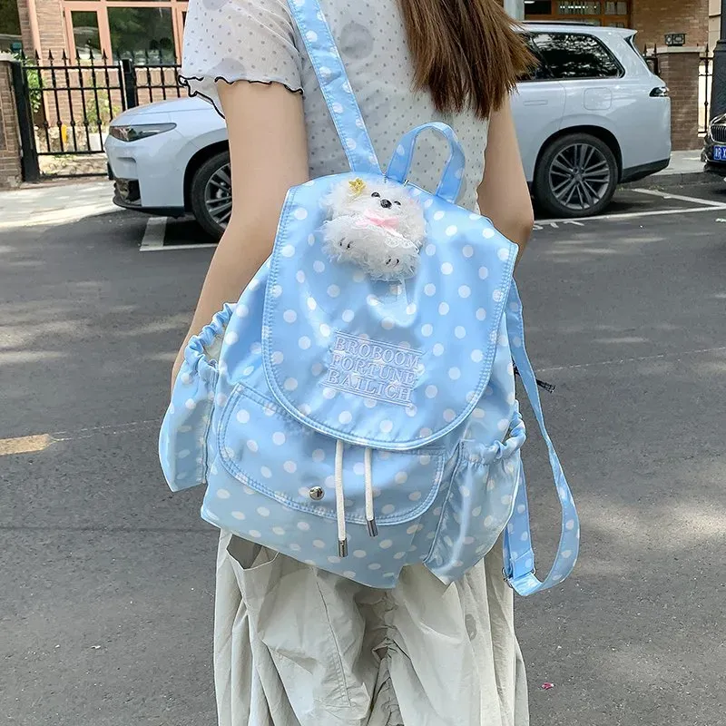 Tas Ransel Wanita Bahan Nylon Motif Polkadot Warna Biru Bentuk Kotak Tali Grosir Import