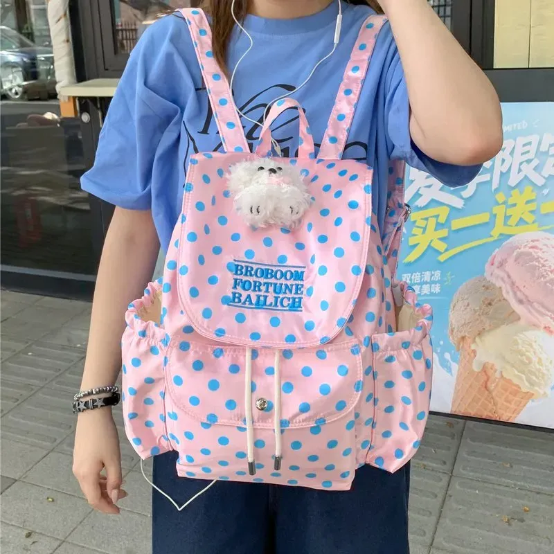 Tas Ransel Wanita Bahan Nylon Motif Polkadot Warna Biru Bentuk Kotak Tali Grosir Import