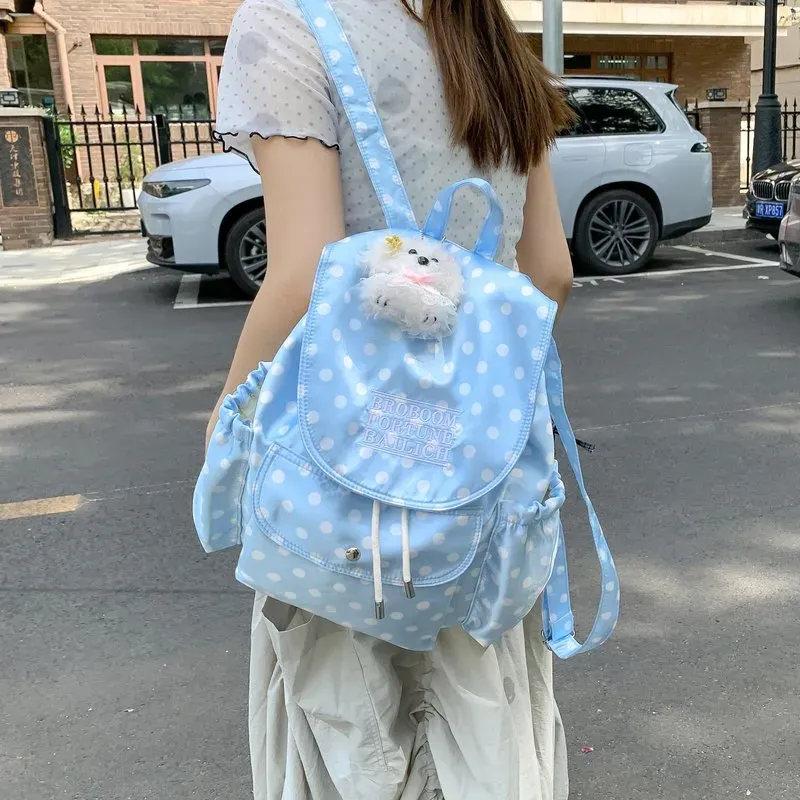 Tas Ransel Wanita Bahan Nylon Motif Polkadot Warna Biru Bentuk Kotak Tali Grosir Import