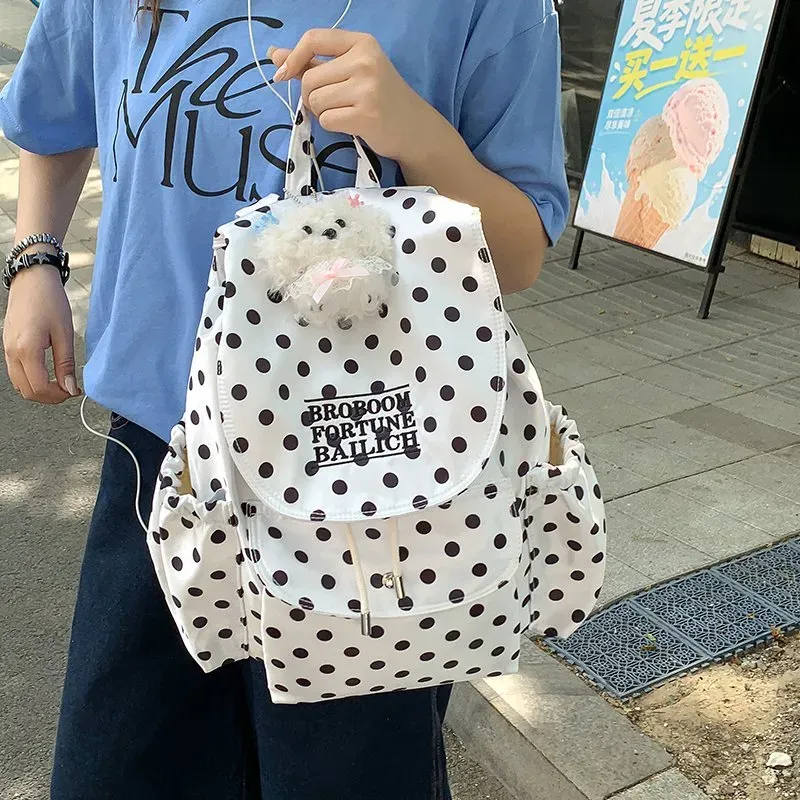 Tas Ransel Wanita Bahan Nylon Motif Polkadot Warna Biru Bentuk Kotak Tali Grosir Import