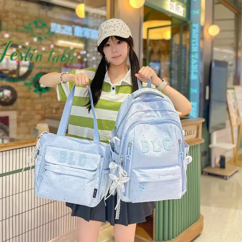 Tas Ransel Wanita Bahan Nylon Motif Polkadot Warna Biru Bentuk Kotak Tali Grosir Import