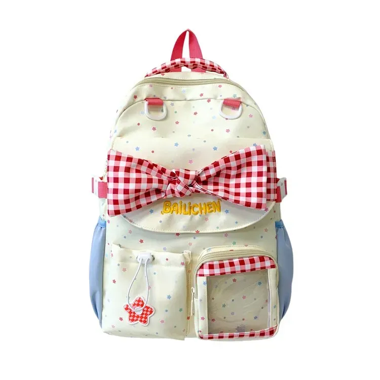 Tas Ransel Wanita Bahan Kain Motif Polkadot Warna Pink Bentuk Kotak Tali Lebar Grosir Import