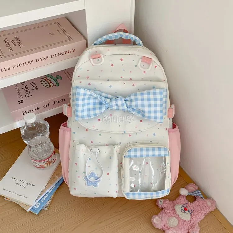 Tas Ransel Wanita Bahan Kain Motif Polkadot Warna Pink Bentuk Kotak Tali Lebar Grosir Import