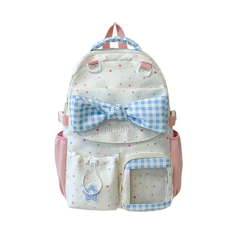 Tas Ransel Wanita Bahan Kain Motif Polkadot Warna Pink Bentuk Kotak Tali Lebar Grosir Import