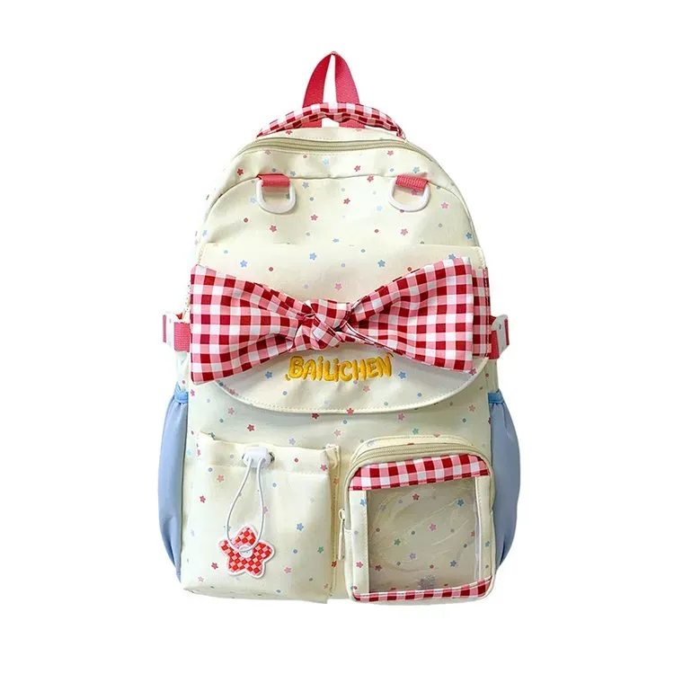 Tas Ransel Wanita Bahan Kain Motif Polkadot Warna Pink Bentuk Kotak Tali Lebar Grosir Import