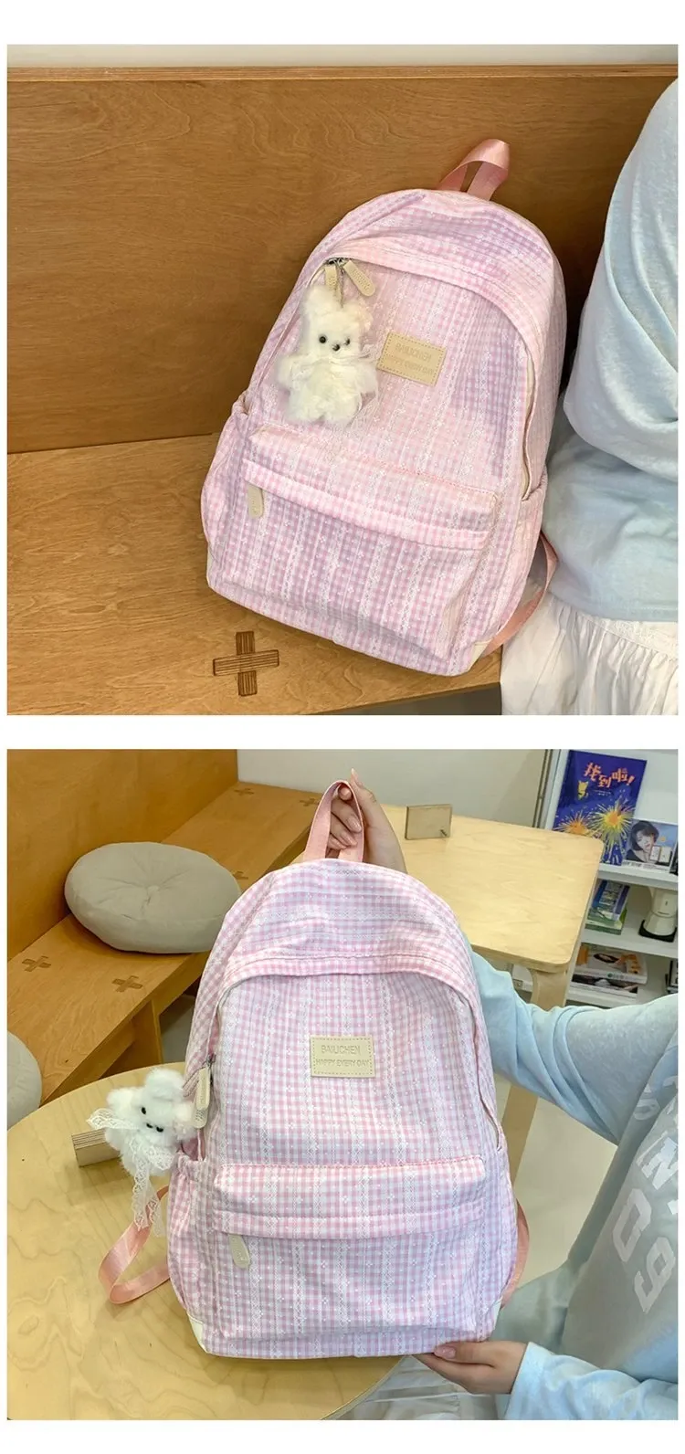 Tas Ransel Wanita Bahan Oxford Motif Polkadot Warna Pink Bentuk Kotak Tali Lebar Grosir Import