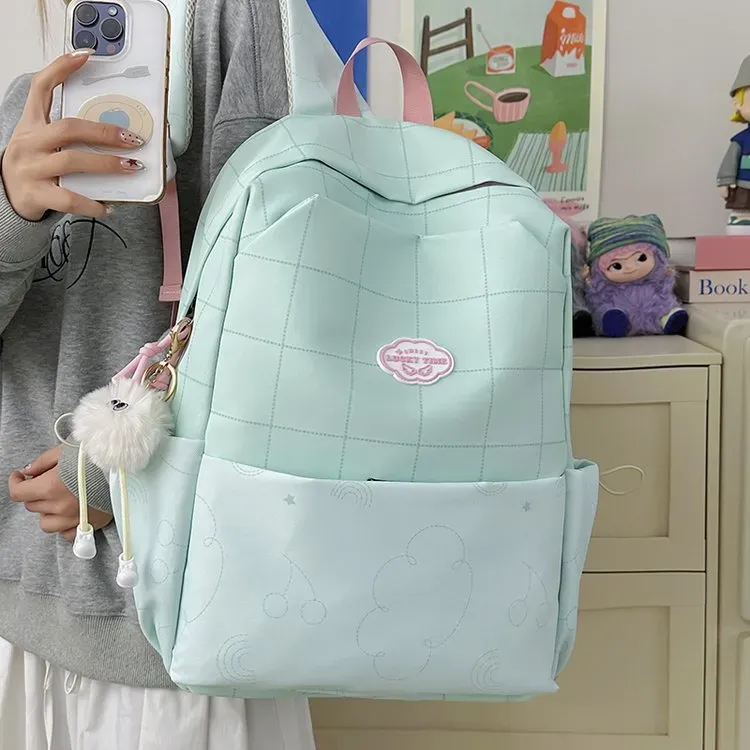 Tas Ransel Wanita Bahan Oxford Motif Grid Warna Biru Bentuk Kotak Tali Panjang Grosir Import