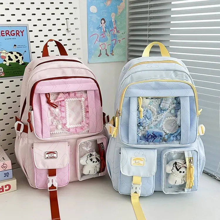 Tas Ransel Wanita Bahan Nylon Polos Warna Pink Bentuk Kotak Tali Lebar Resleting Bahan PU