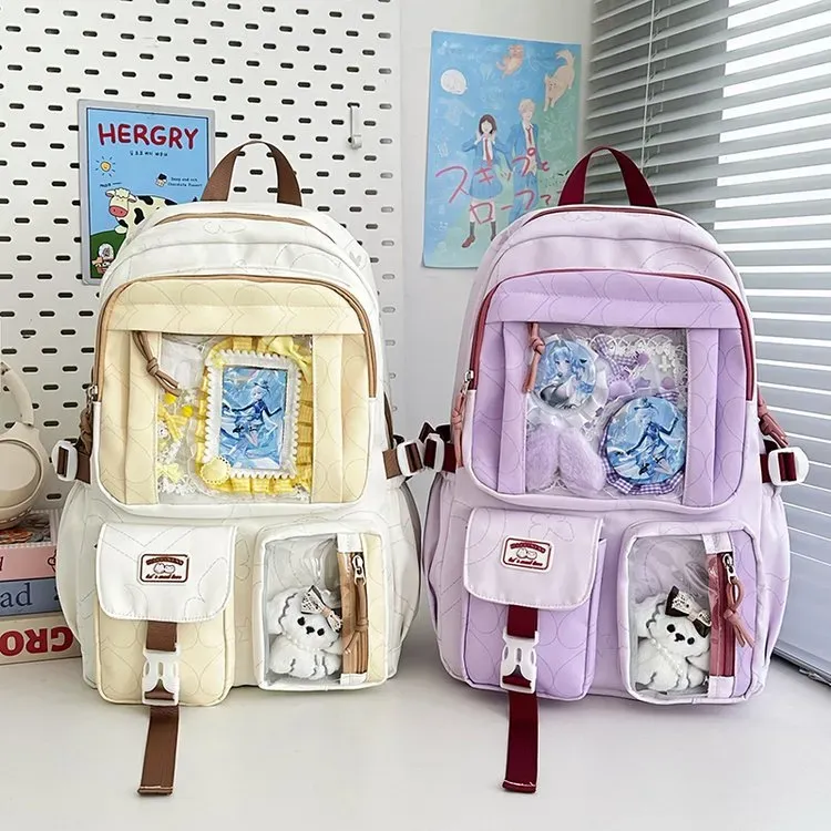 Tas Ransel Wanita Bahan Nylon Polos Warna Pink Bentuk Kotak Tali Lebar Resleting Bahan PU