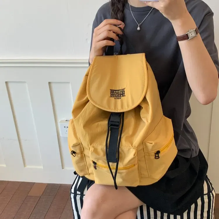 Tas Ransel Wanita Bahan Nylon Polos Warna Hitam Bentuk Kotak Tali Serut Resleting Grosir Import