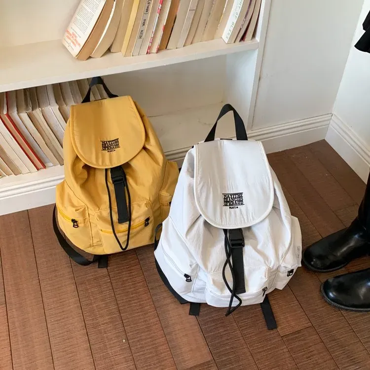 Tas Ransel Wanita Bahan Nylon Polos Warna Hitam Bentuk Kotak Tali Serut Resleting Grosir Import
