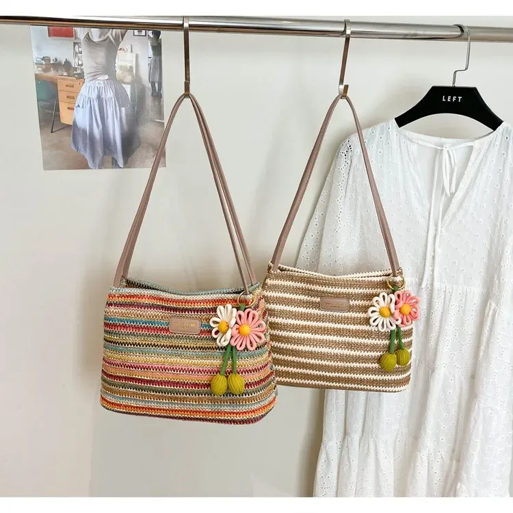 Tas Selempang Wanita Bahan Kain Motif Print Bentuk Kotak Tali Panjang Resleting untuk Toko