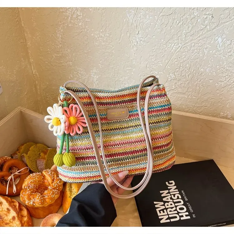 Tas Selempang Wanita Bahan Kain Motif Print Bentuk Kotak Tali Panjang Resleting untuk Toko
