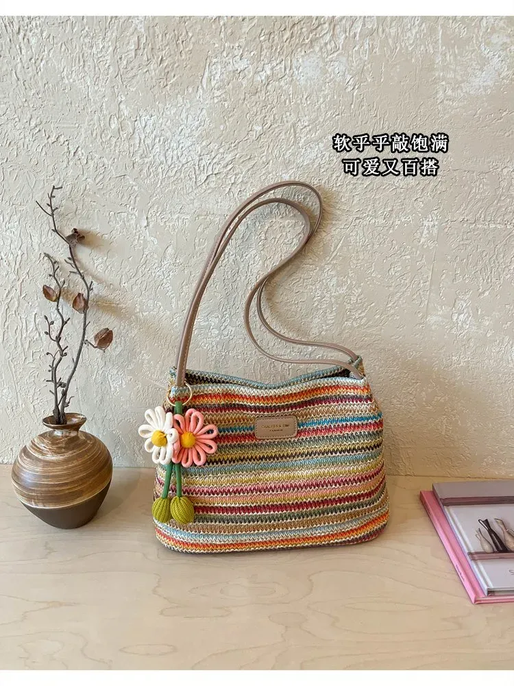 Tas Selempang Wanita Bahan Kain Motif Print Bentuk Kotak Tali Panjang Resleting untuk Toko