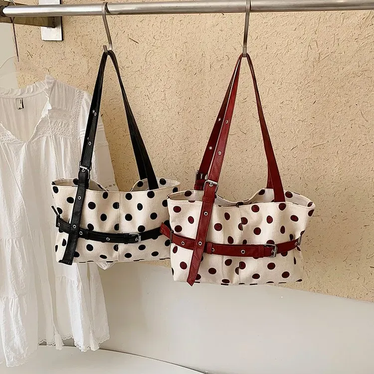 Tas Selempang Wanita Bahan Oxford Motif Polkadot Warna Hitam Bentuk Kotak Tali Grosir Import