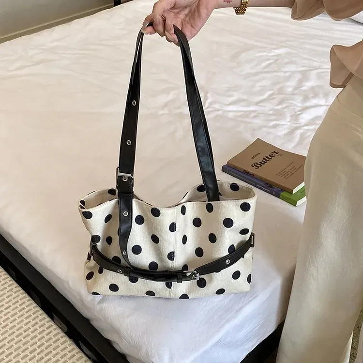 Tas Selempang Wanita Bahan Oxford Motif Polkadot Warna Hitam Bentuk Kotak Tali Grosir Import